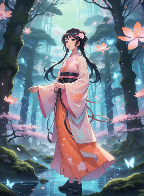 girl, kimono, forest