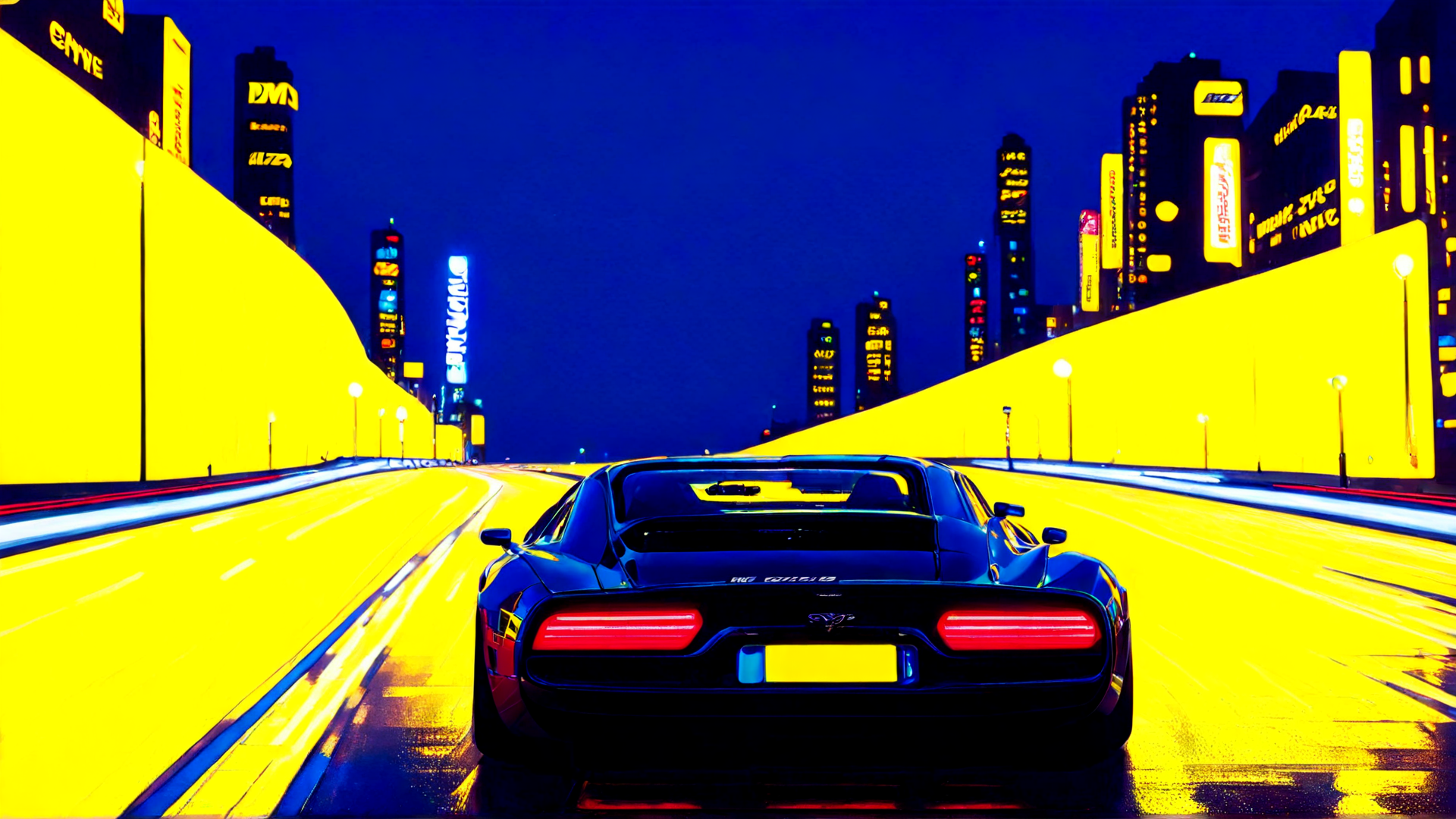 AI generated wallpaper featuring car, city, road, buildings, neon