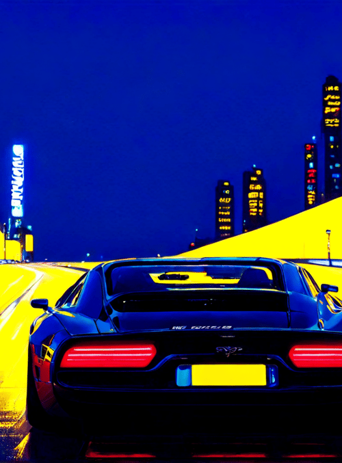 car, city, road, buildings, neon