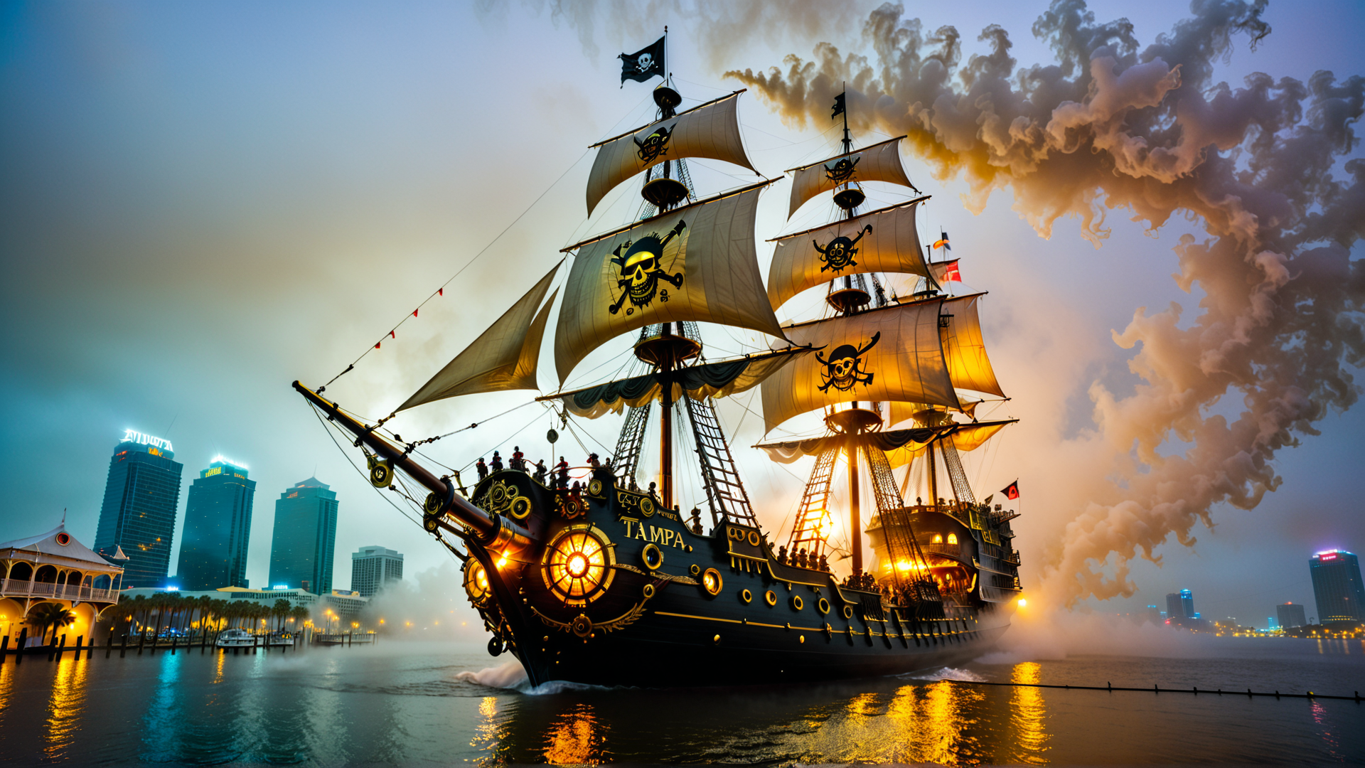AI generated wallpaper featuring pirate ship, sail, city skyline, sun, smoke, water, sailors, flag, building, ship