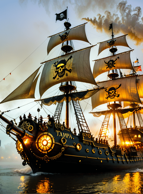 pirate ship, sail, city skyline, sun, smoke, water, sailors, flag, building, ship