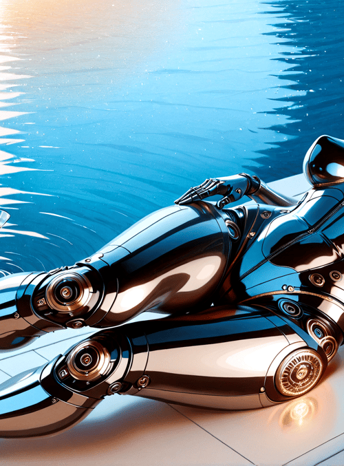 robot, woman, pool, cocktail, sunglasses, sunset, water, tiles, glasses, metal