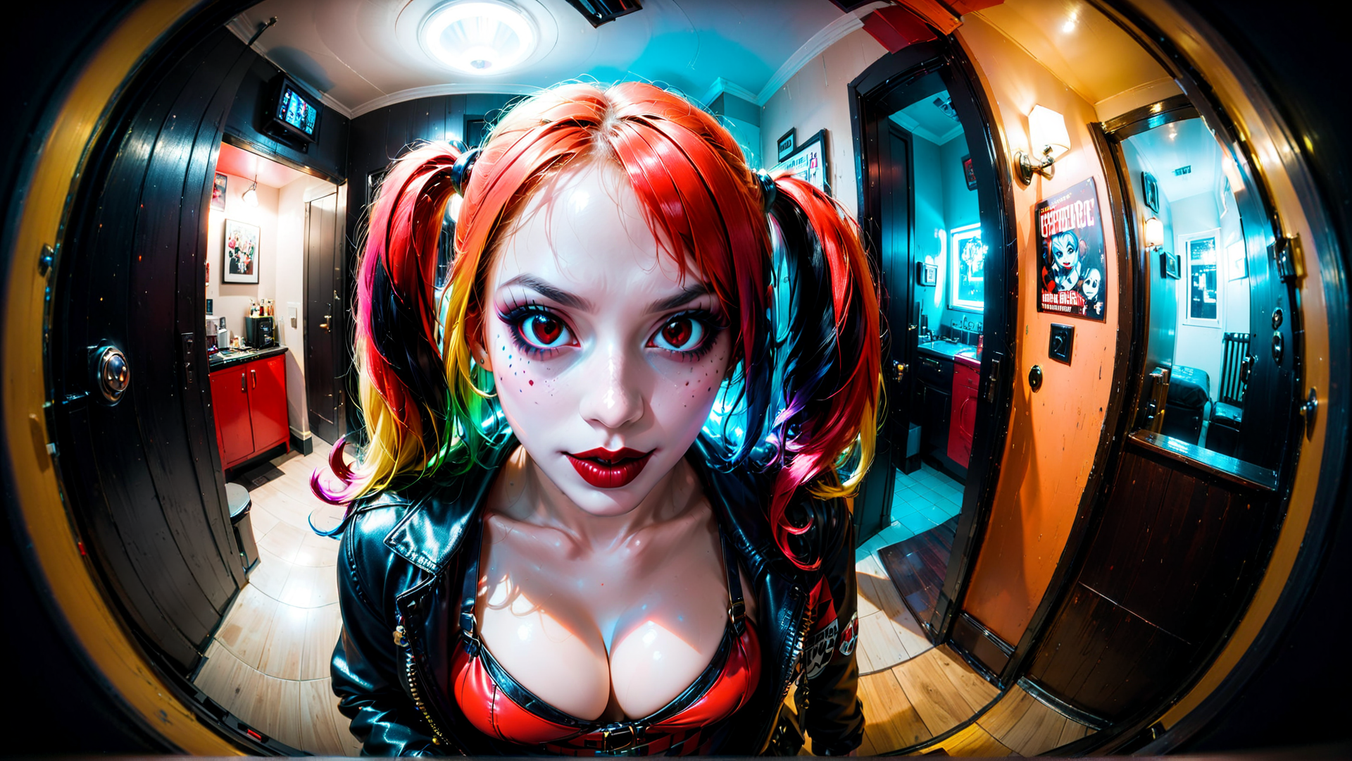 AI generated wallpaper featuring harley quinn, pigtails, leather jacket, corset, hair, room, doors, mirrors, poster, walls