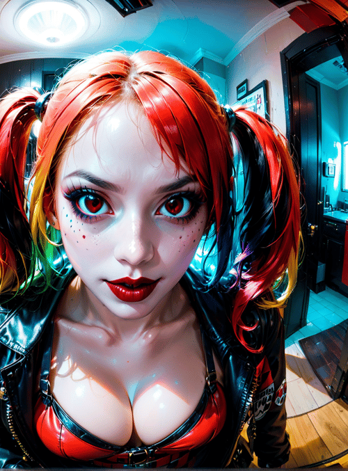 harley quinn, pigtails, leather jacket, corset, hair, room, doors, mirrors, poster, walls