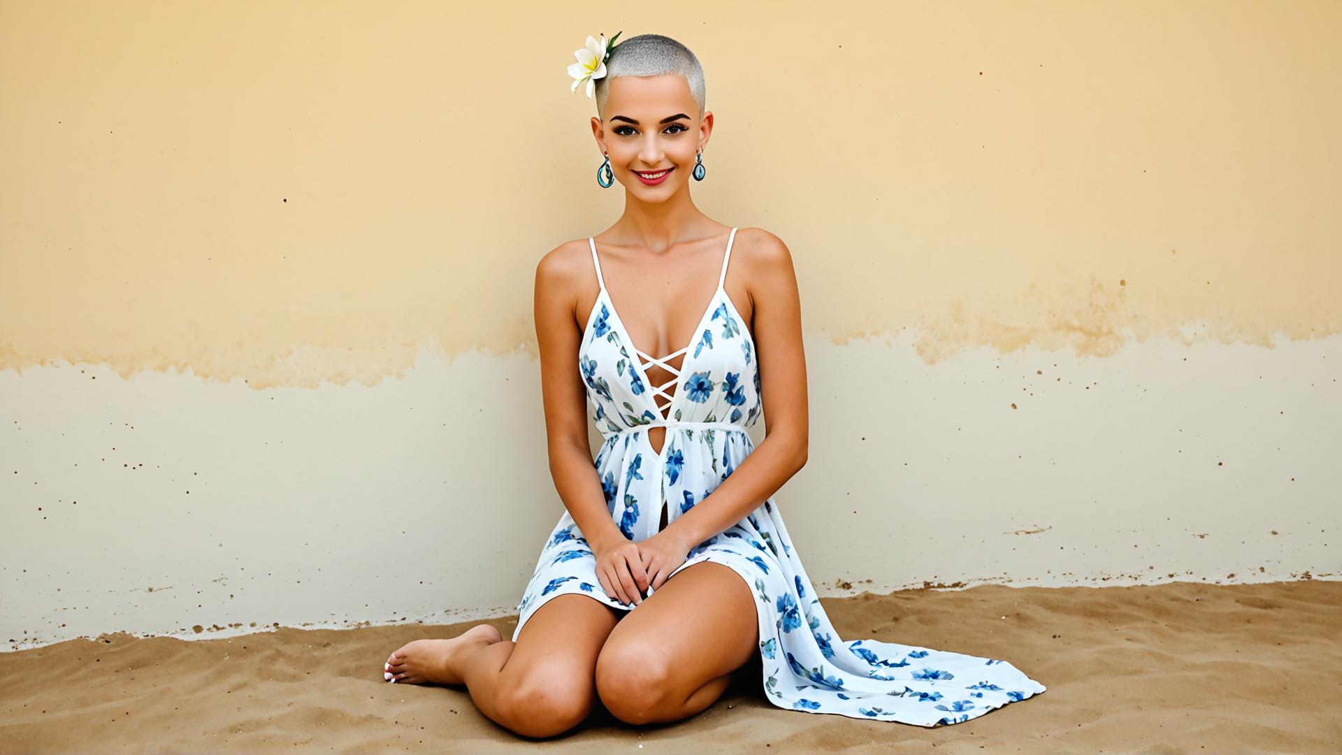 AI generated wallpaper featuring woman, dress, flower, wall, sand