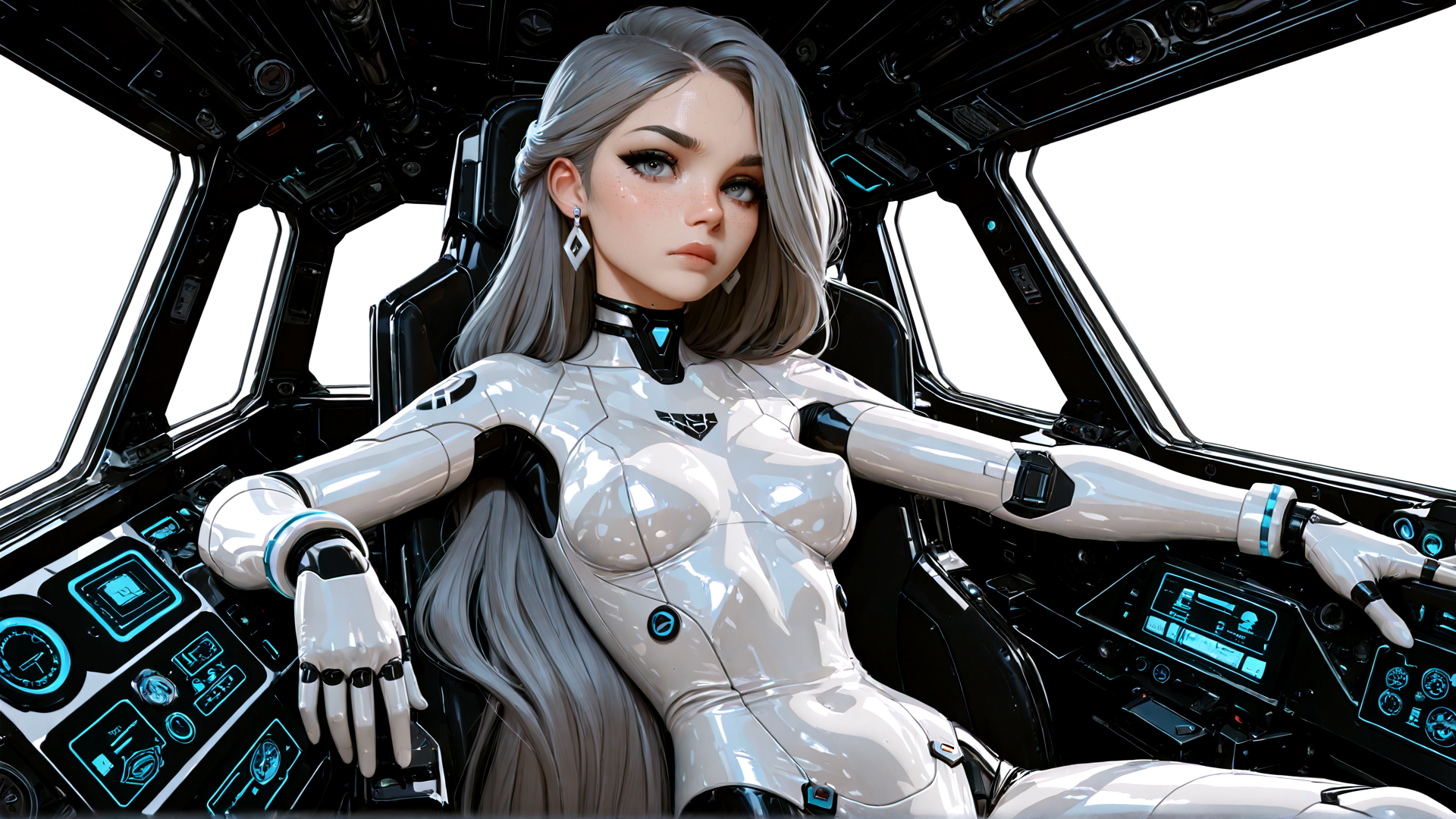 AI generated wallpaper featuring cyborg, pilot, spaceship, control panel, futuristic, robot, gloved hand, hologram, neckpiece, helmet