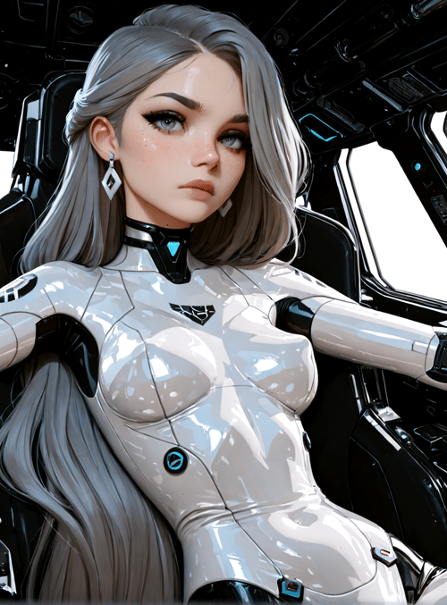 cyborg, pilot, spaceship, control panel, futuristic, robot, gloved hand, hologram, neckpiece, helmet