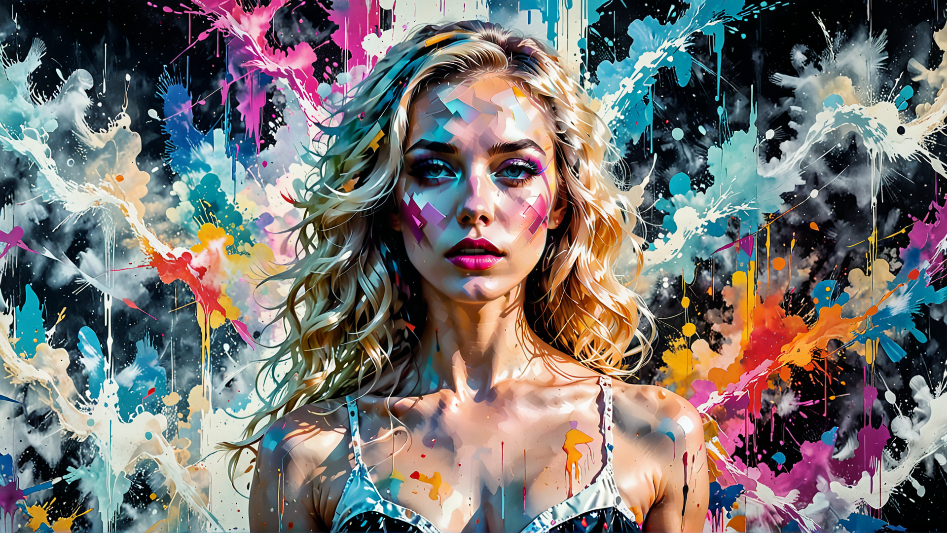 AI generated wallpaper featuring woman, paint, spray, splat