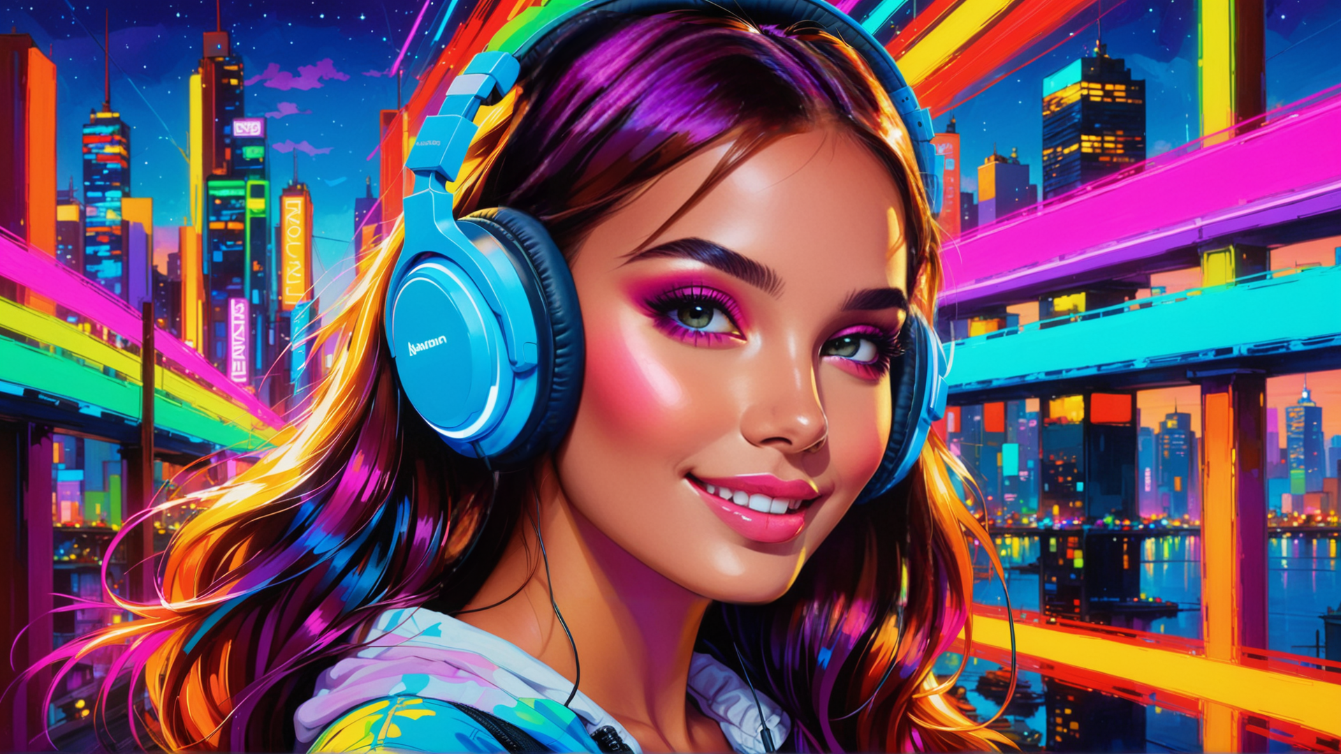 AI generated wallpaper featuring woman, headphones, city