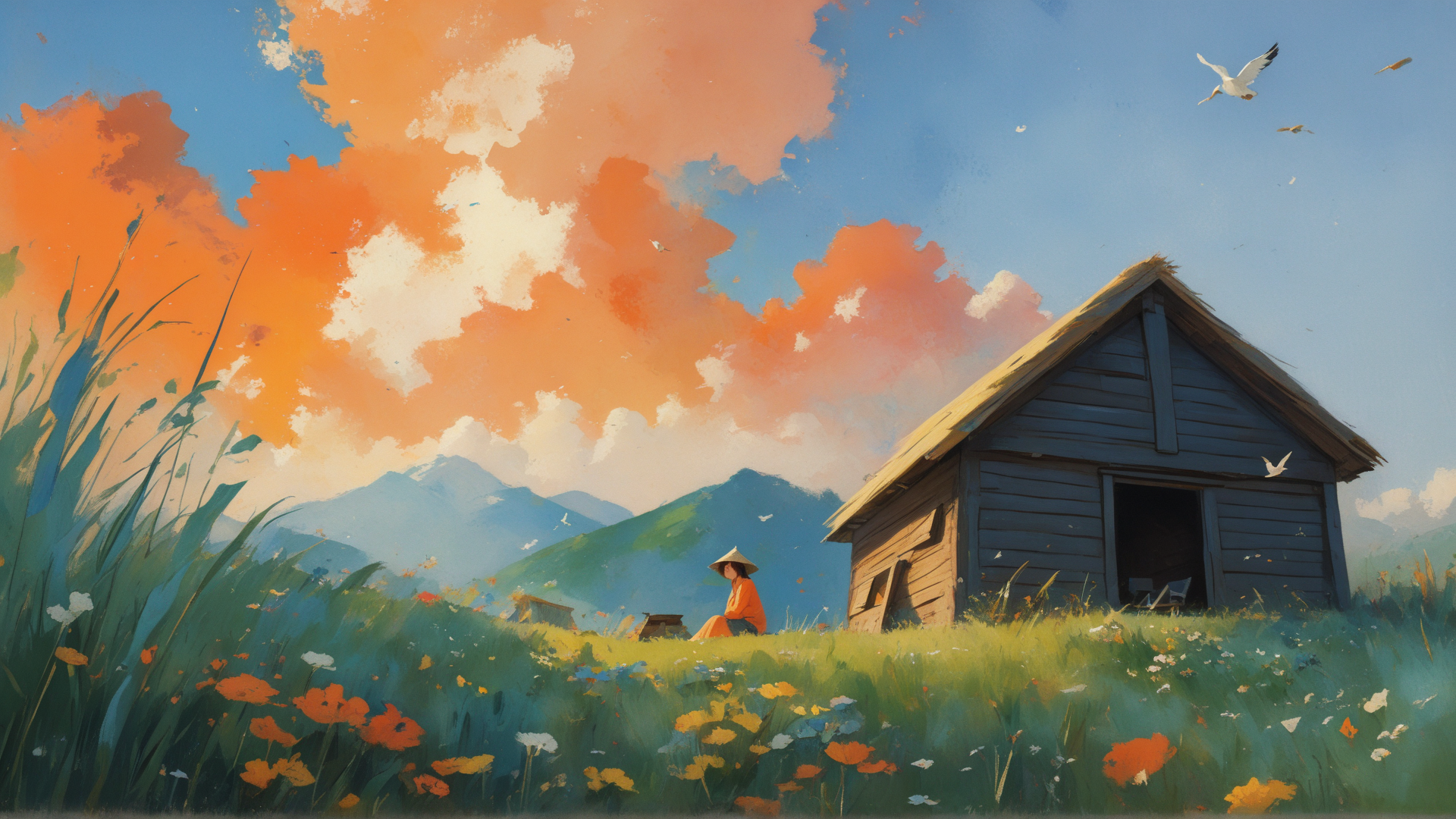 AI generated wallpaper featuring house, person, flowers