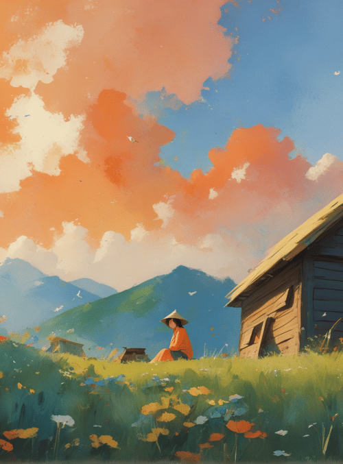 house, person, flowers