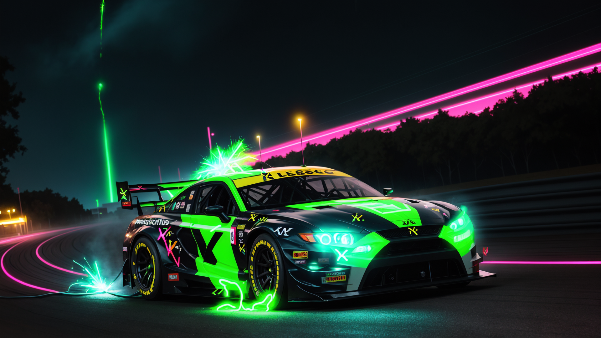 AI generated wallpaper featuring race car, neon lights, track, cars, laser, festival, drag race, sparks, glow