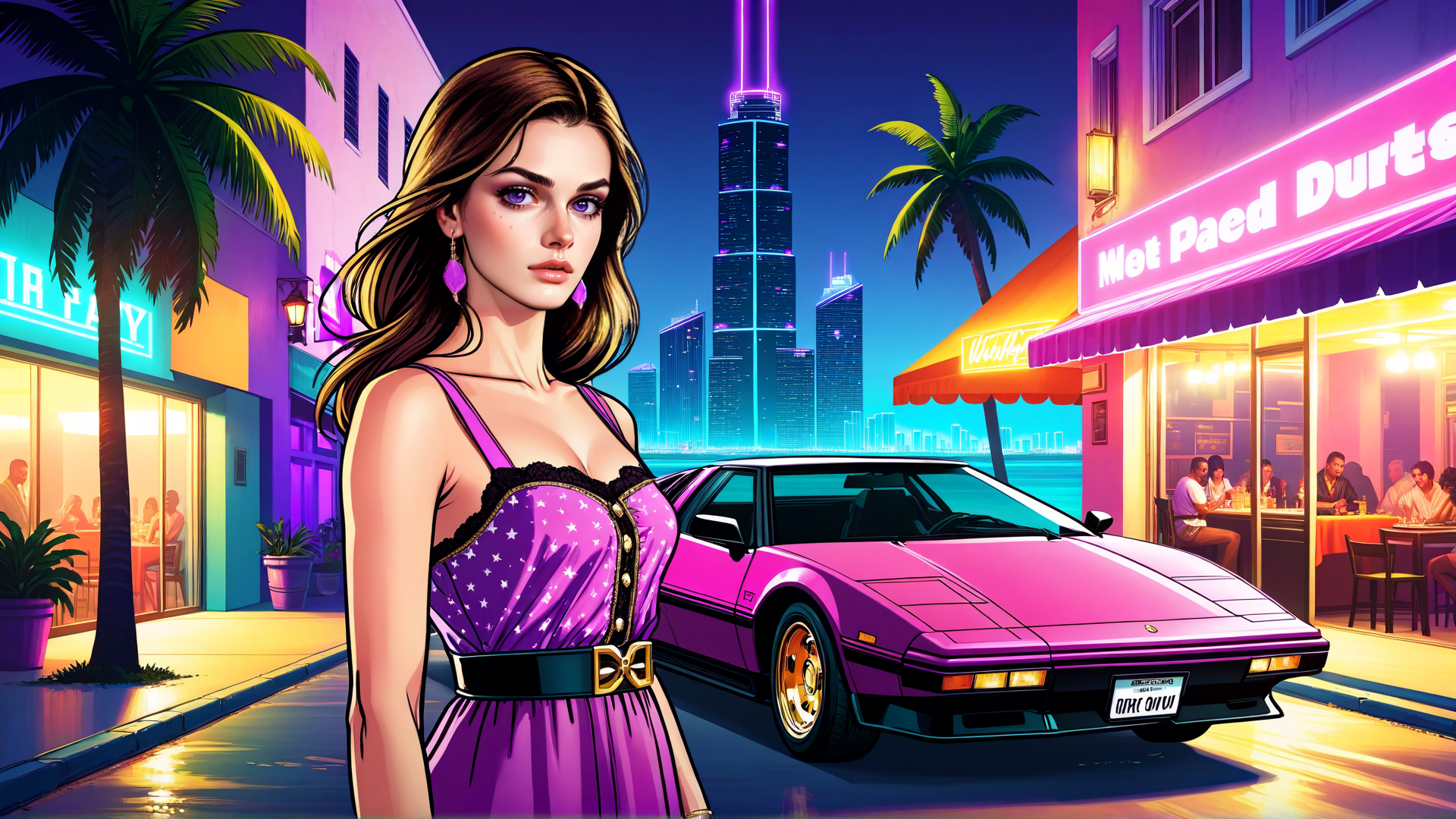 AI generated wallpaper featuring woman, car, cityscape