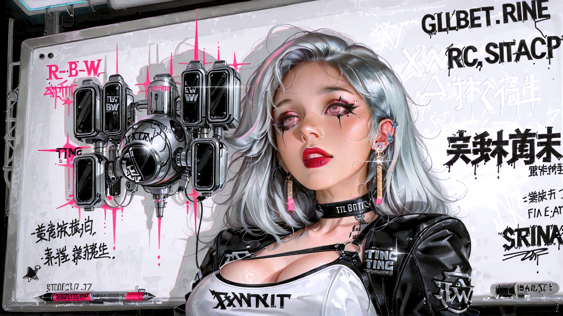 AI generated wallpaper featuring cyborg, woman, robotic, gadget, poster, artwork, futuristic, graffiti, cyberpunk, choker