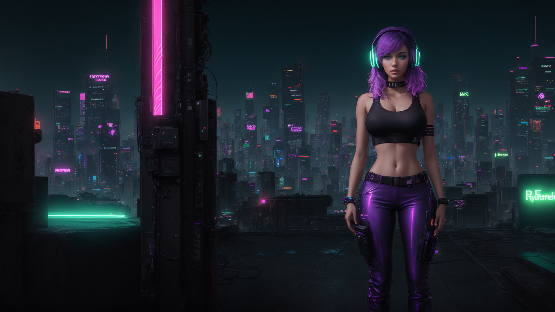 AI generated wallpaper featuring woman, cityscape, neon