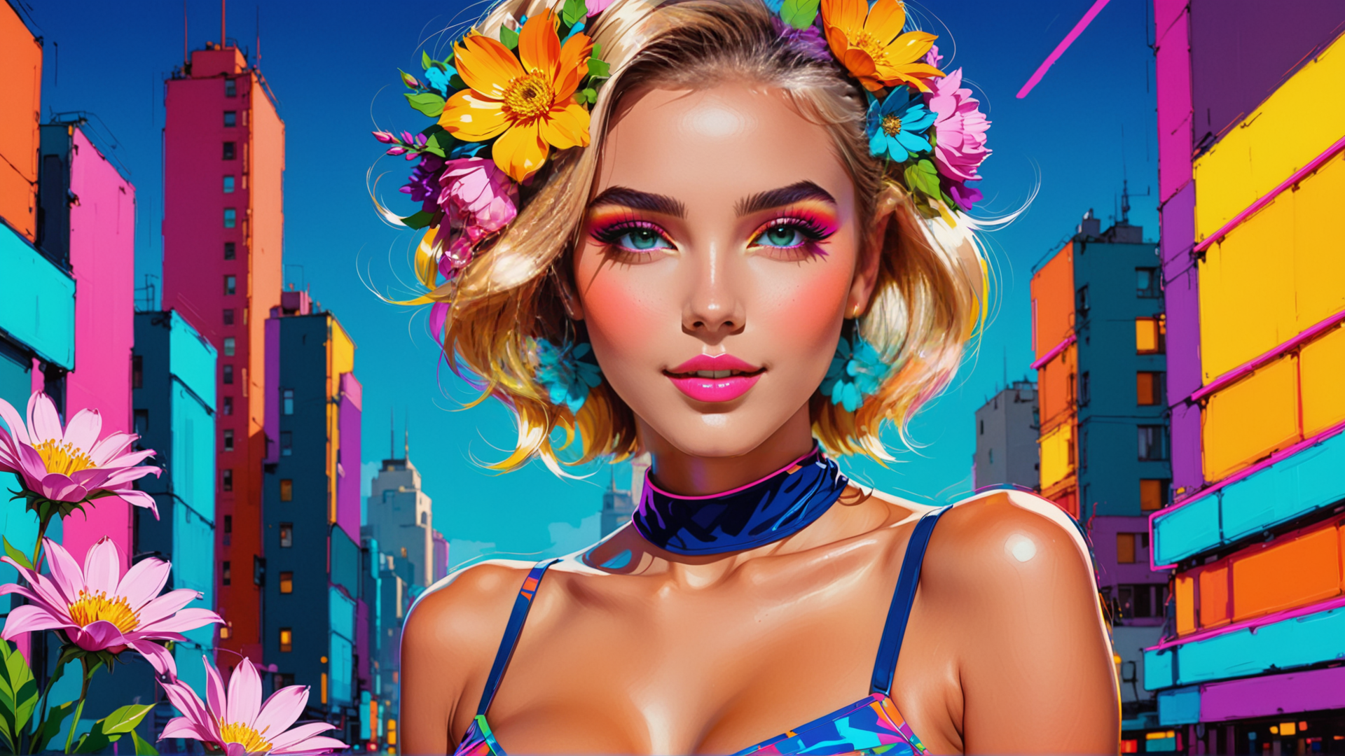 AI generated wallpaper featuring woman, flowers, city