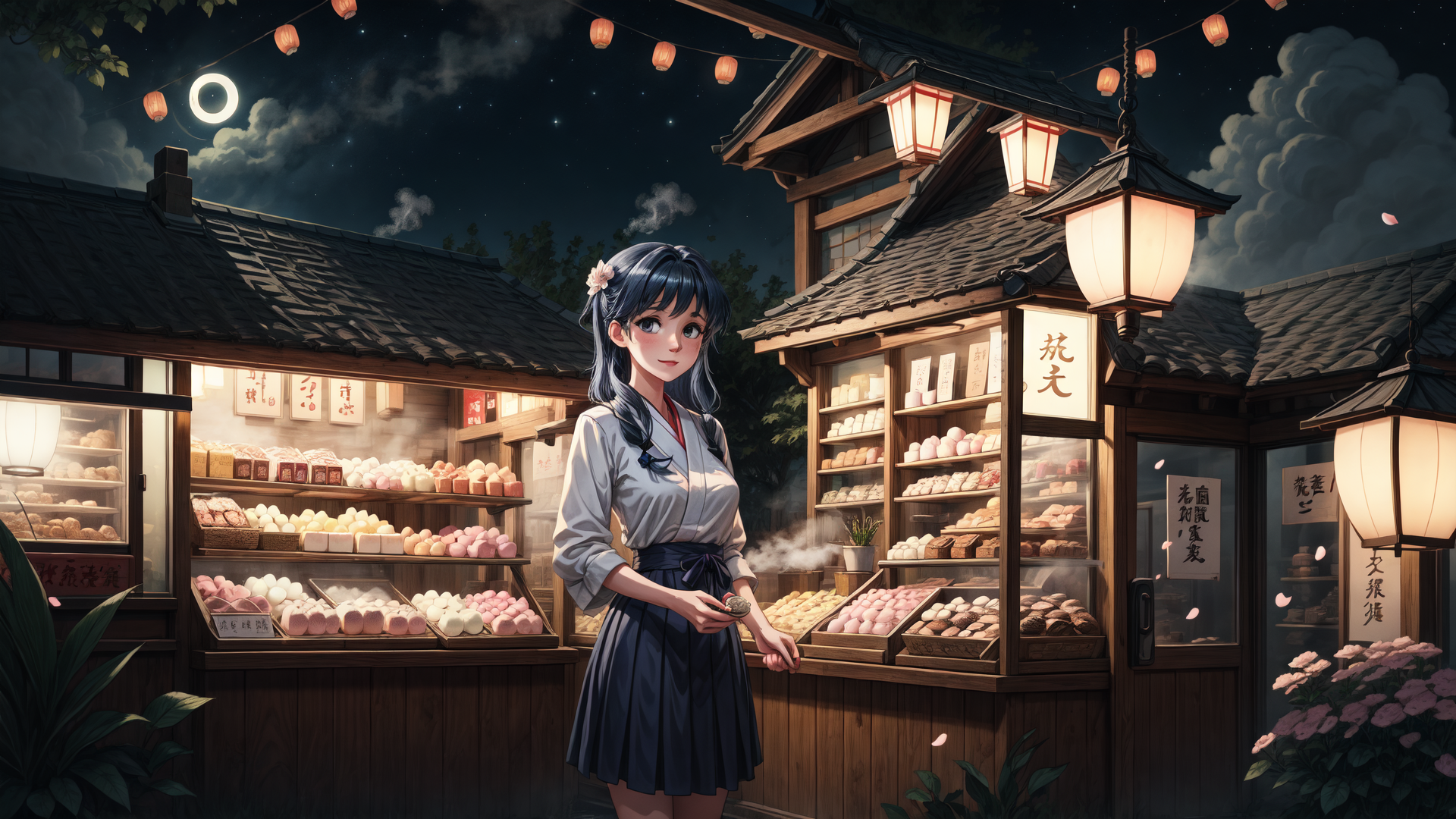 AI generated wallpaper featuring girl, bakery, lantern, mochi, shop, moon, cherry blossom, traditional, building, display