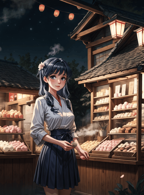 girl, bakery, lantern, mochi, shop, moon, cherry blossom, traditional, building, display