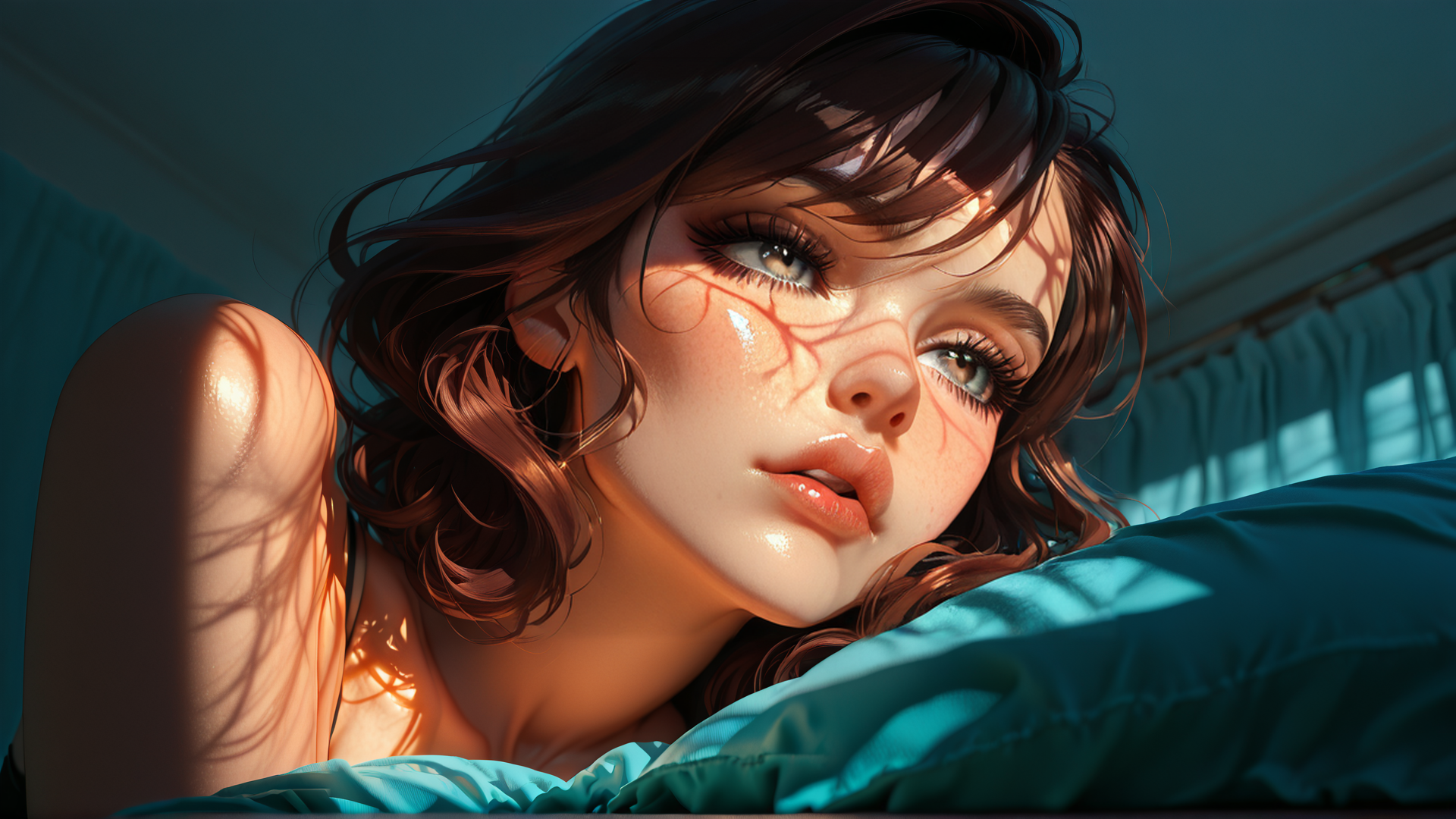 AI generated wallpaper featuring woman, hair, face, shoulder, pillow, bed