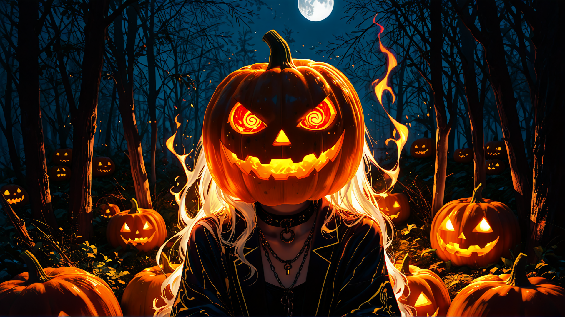 AI generated wallpaper featuring pumpkin, forest, moon, woman, jack-o'-lantern