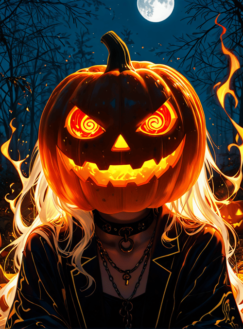 pumpkin, forest, moon, woman, jack-o'-lantern