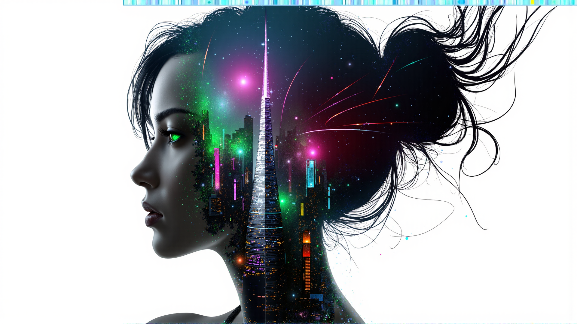 AI generated wallpaper featuring woman, cityscape, neon, silhouette, hair