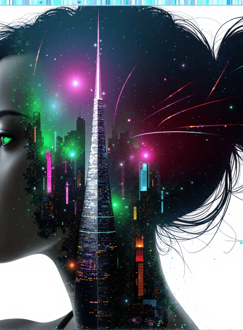 woman, cityscape, neon, silhouette, hair