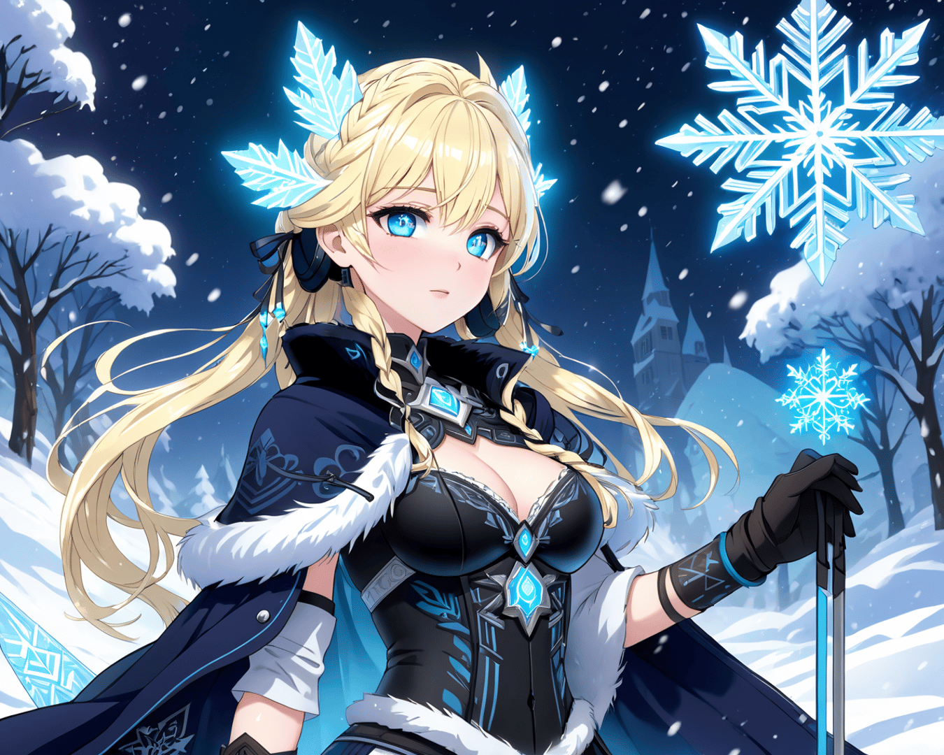 AI generated wallpaper featuring girl, snowflake, castle