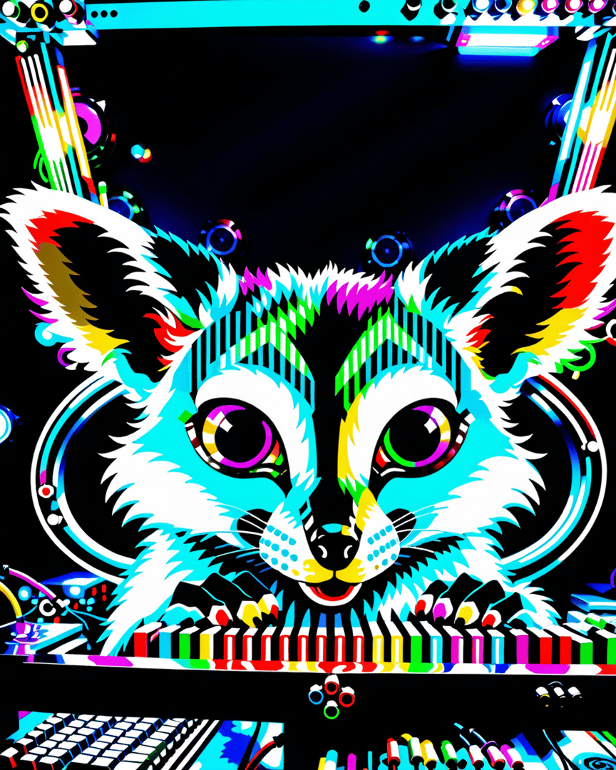 AI generated wallpaper featuring cat, kitten, digital art, keyboard, gears, light, circuit, piano keys, glow, rhythm