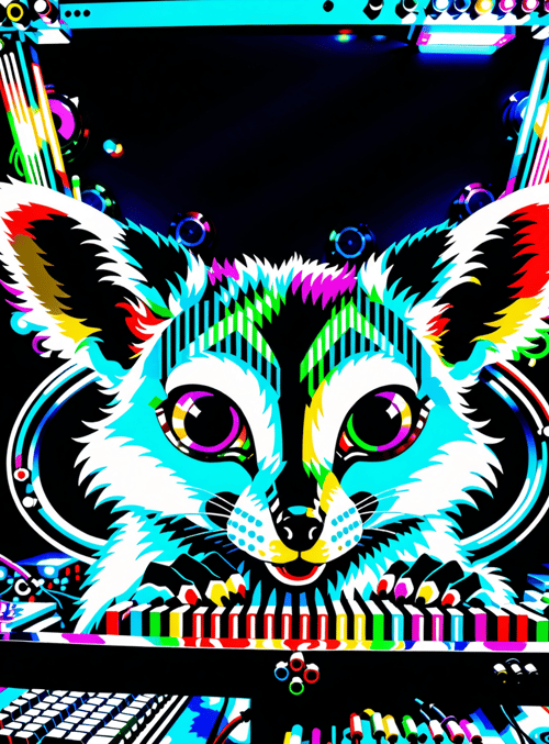 cat, kitten, digital art, keyboard, gears, light, circuit, piano keys, glow, rhythm
