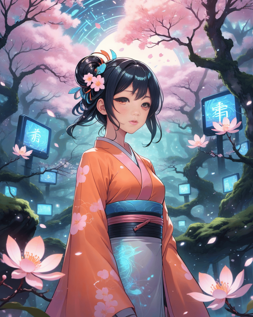 AI generated wallpaper featuring girl, cherry blossom, kimono