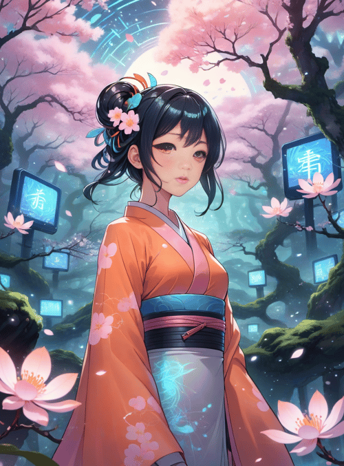 girl, cherry blossom, kimono