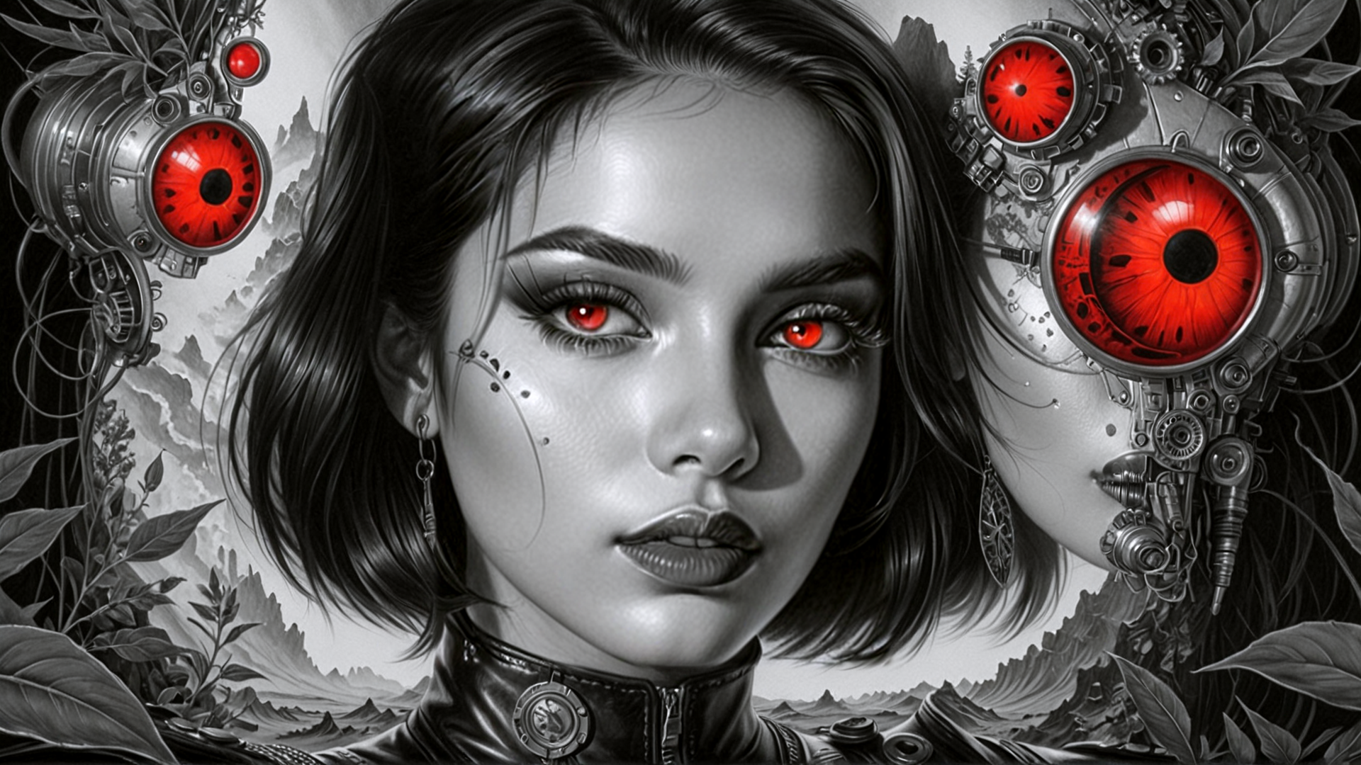 AI generated wallpaper featuring woman, cyborg, gears, plants, mountains, ears, eyes, lips, ears, jewelry