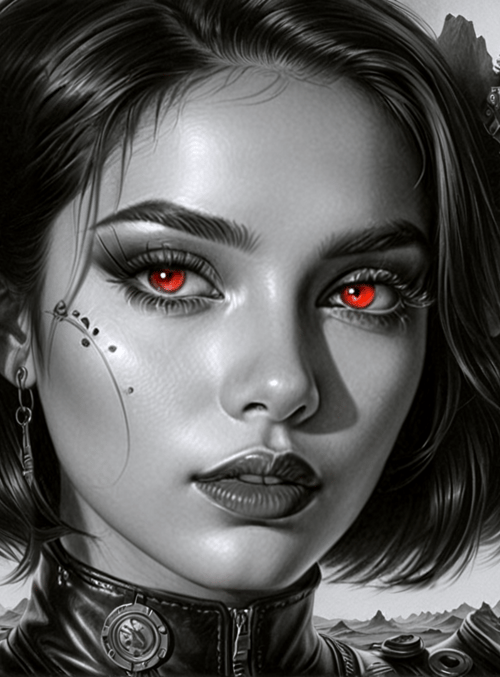 woman, cyborg, gears, plants, mountains, ears, eyes, lips, ears, jewelry