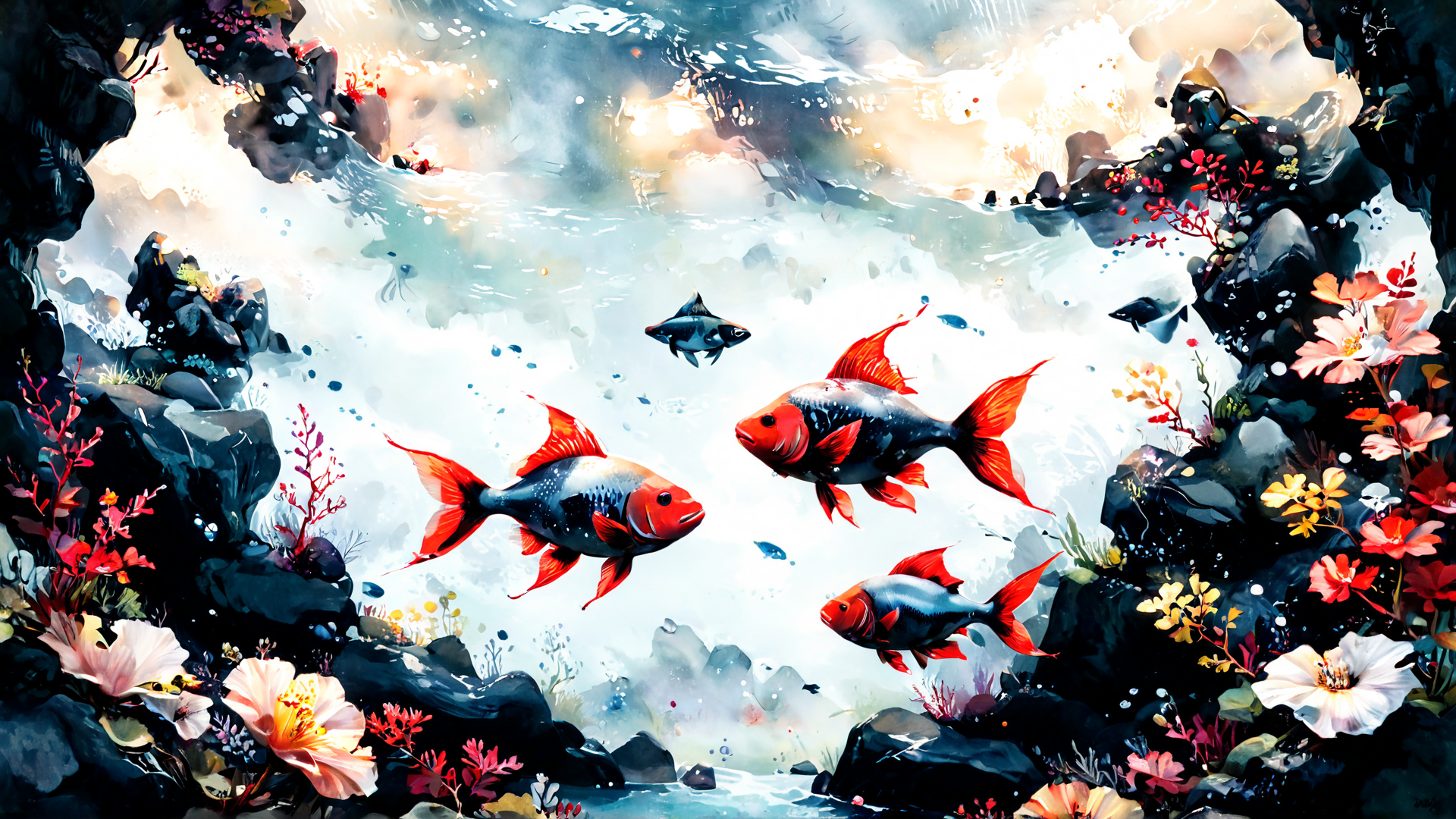 AI generated wallpaper featuring fish, flowers, rocks
