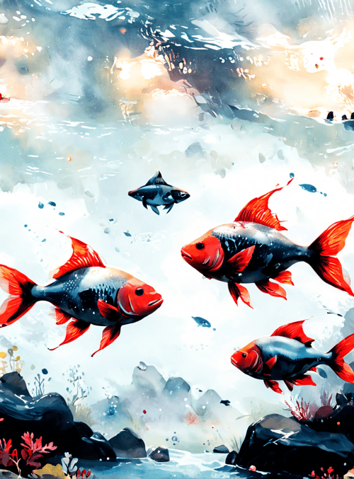 fish, flowers, rocks
