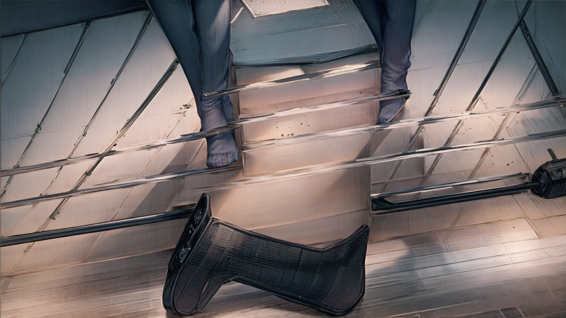 AI generated wallpaper featuring legs, shoes, staircase, metal, structure, mirror, footwear, step, sneakers, platform