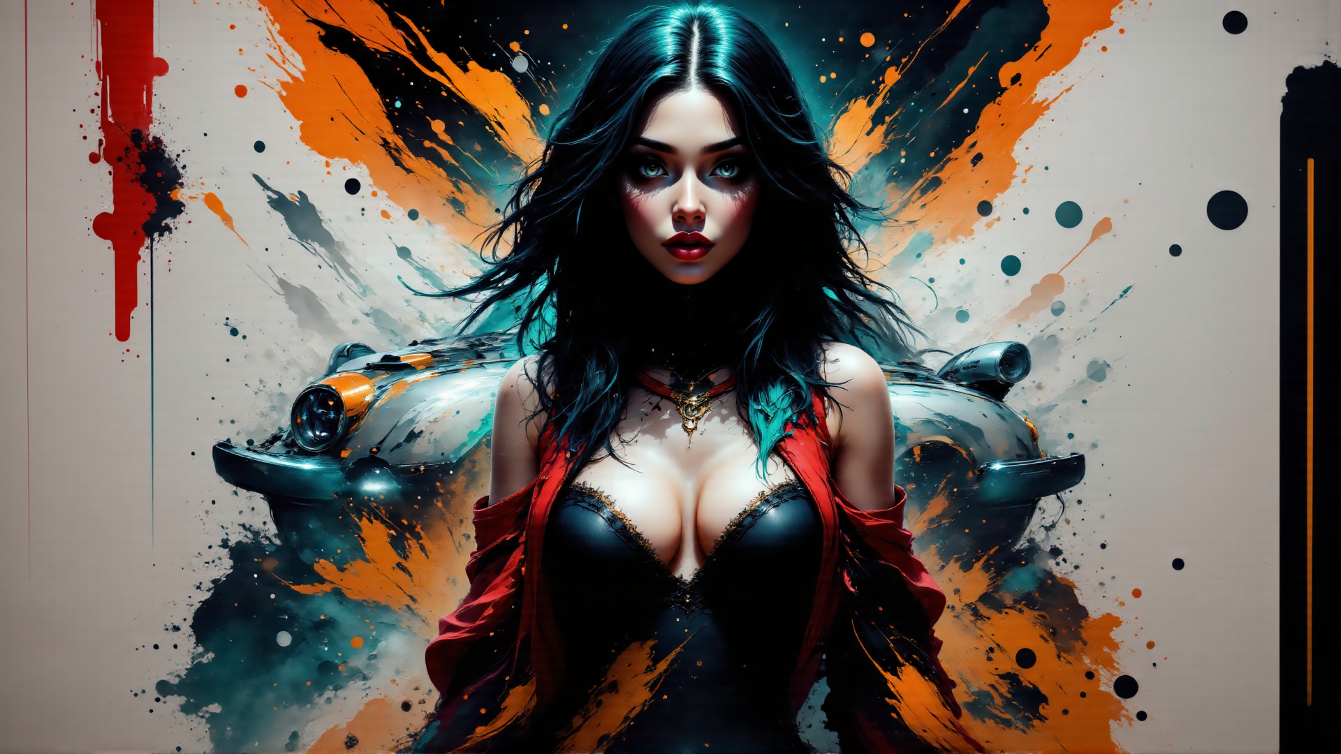 AI generated wallpaper featuring woman, car, art