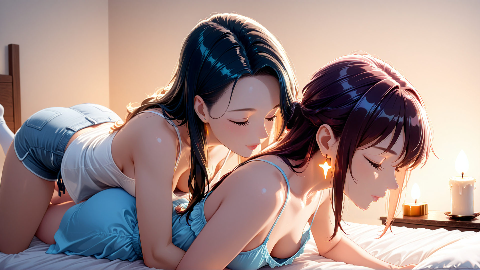 AI generated wallpaper featuring women, bedroom, candles