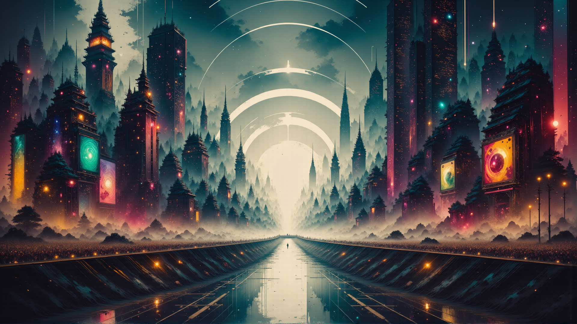 AI generated wallpaper featuring city, buildings, road, trees, spheres, rings, sky, lights, fog, person
