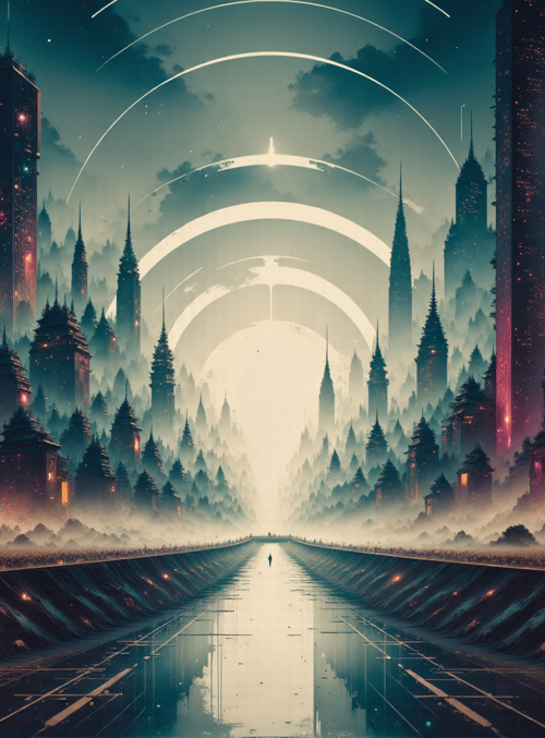 city, buildings, road, trees, spheres, rings, sky, lights, fog, person
