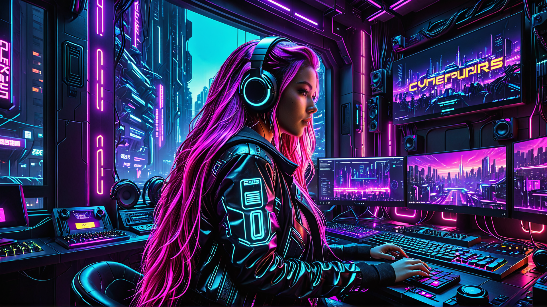 AI generated wallpaper featuring cyberpunk, woman, gamer