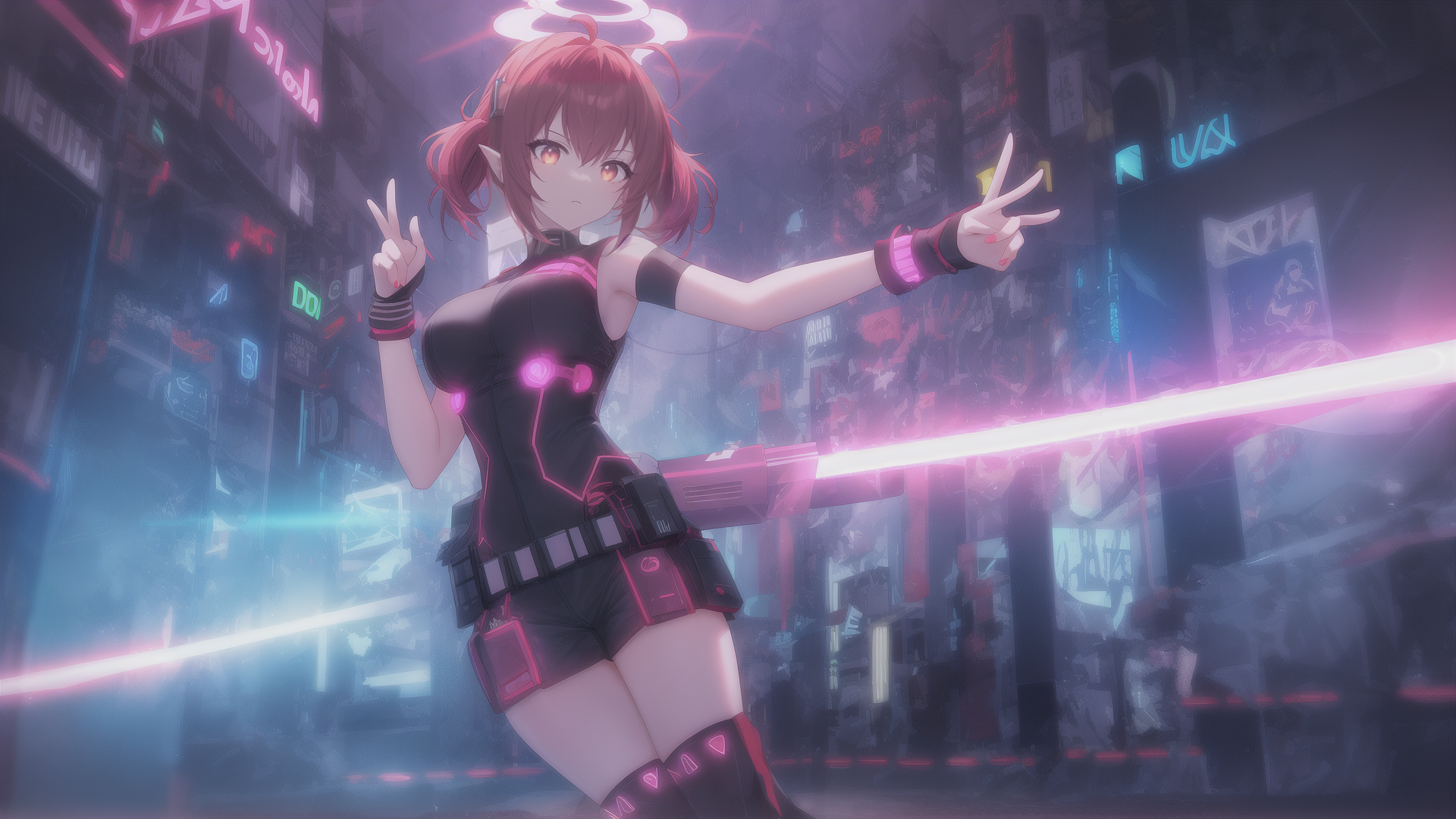AI generated wallpaper featuring cyberpunk girl, neon cityscape
