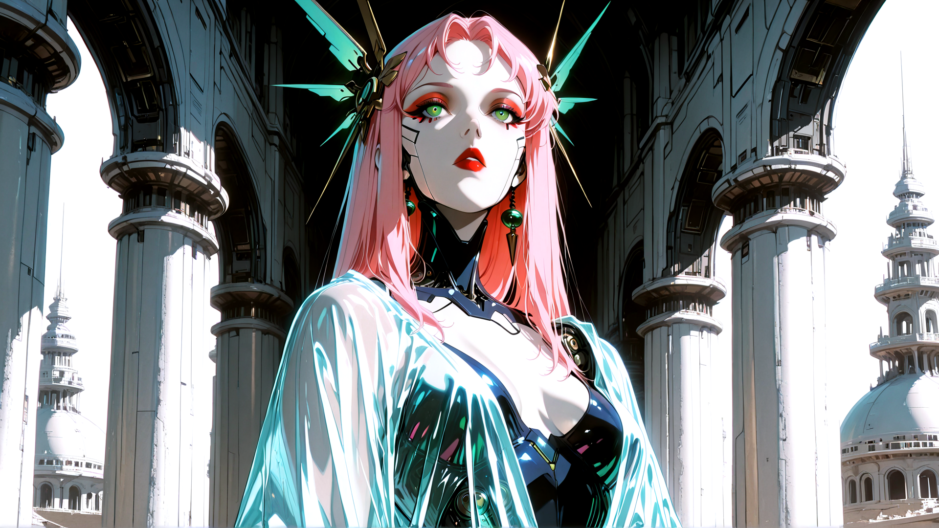AI generated wallpaper featuring cyborg, woman, pink hair, gears, arches, columns