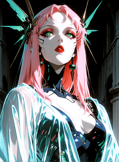cyborg, woman, pink hair, gears, arches, columns