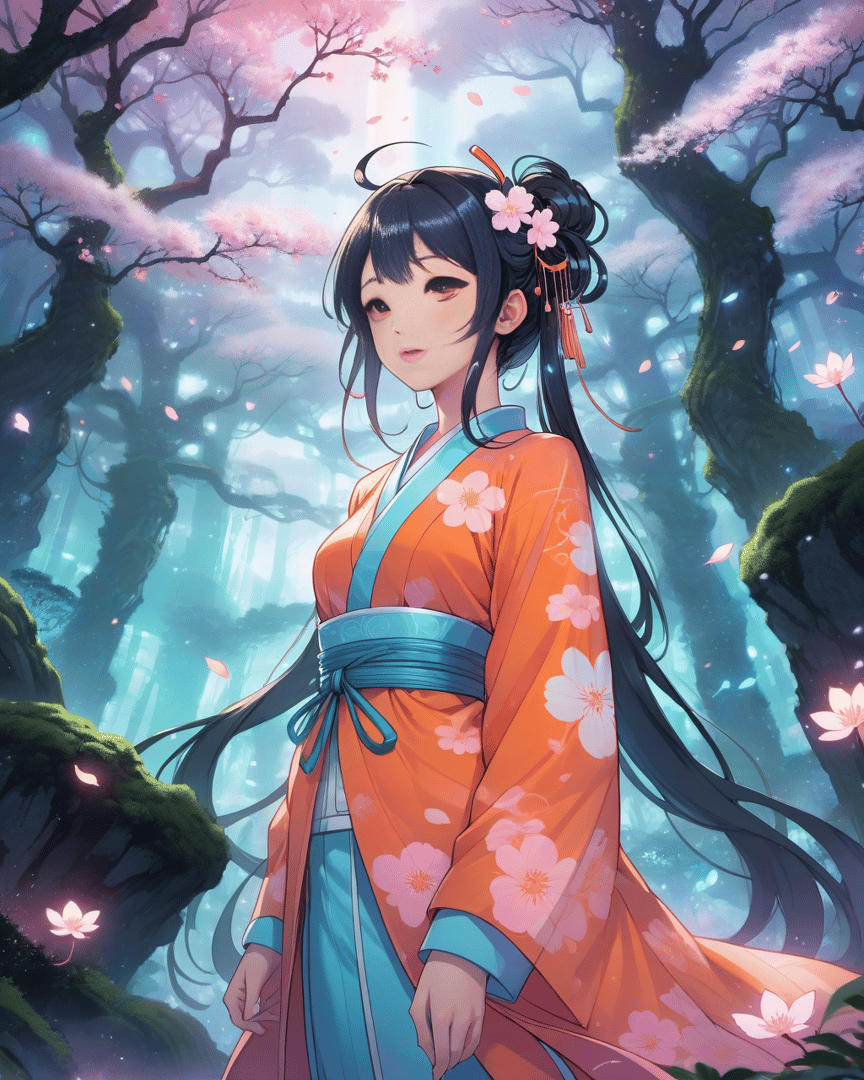 AI generated wallpaper featuring girl, cherry blossom, kimono