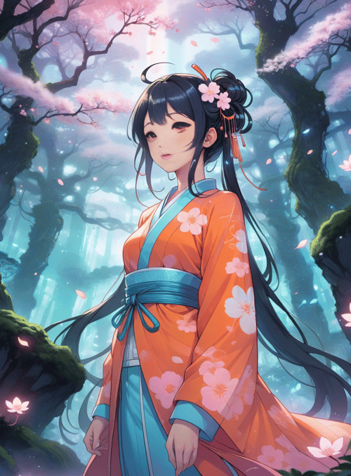girl, cherry blossom, kimono