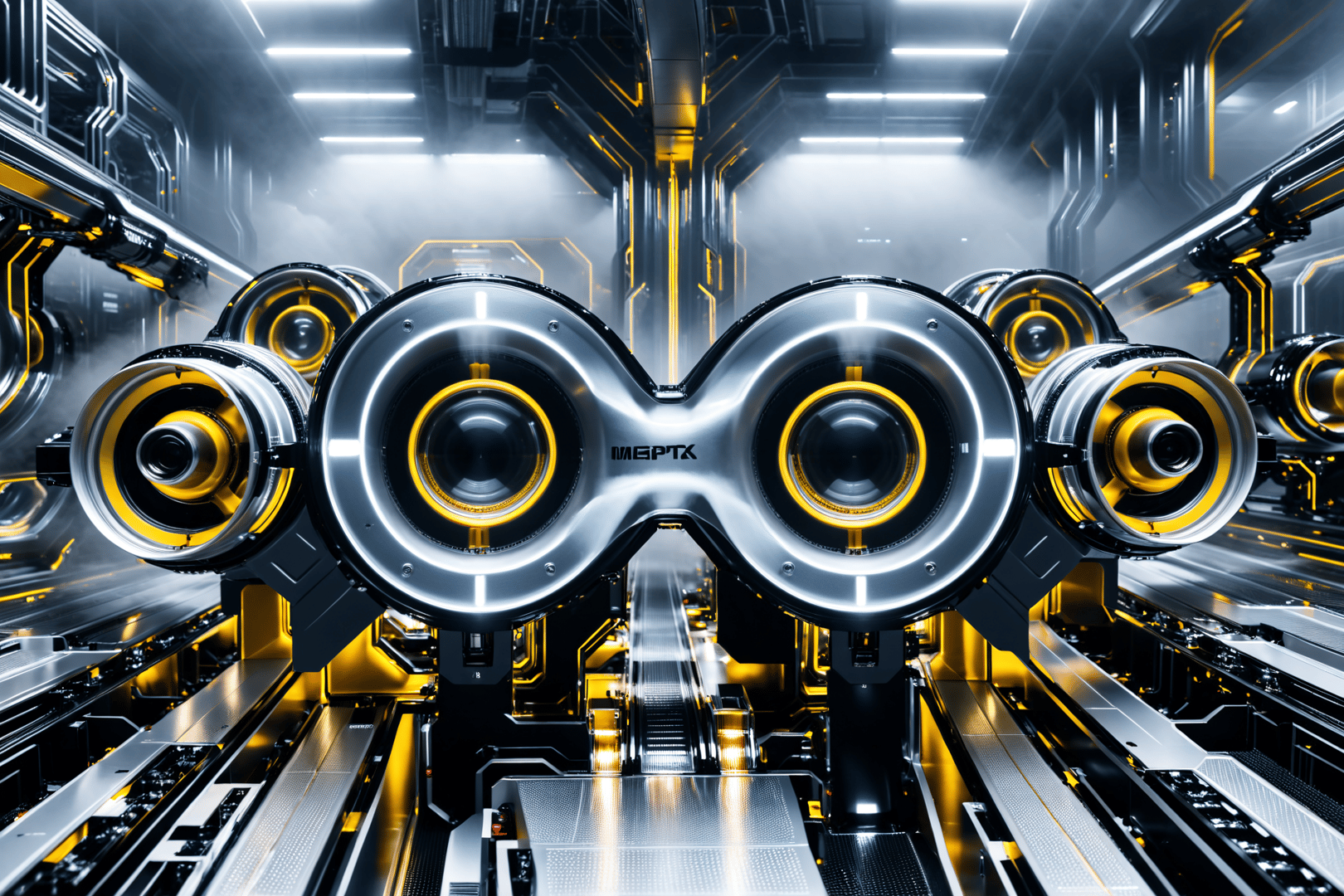 AI generated wallpaper featuring goggles, robotic, lens