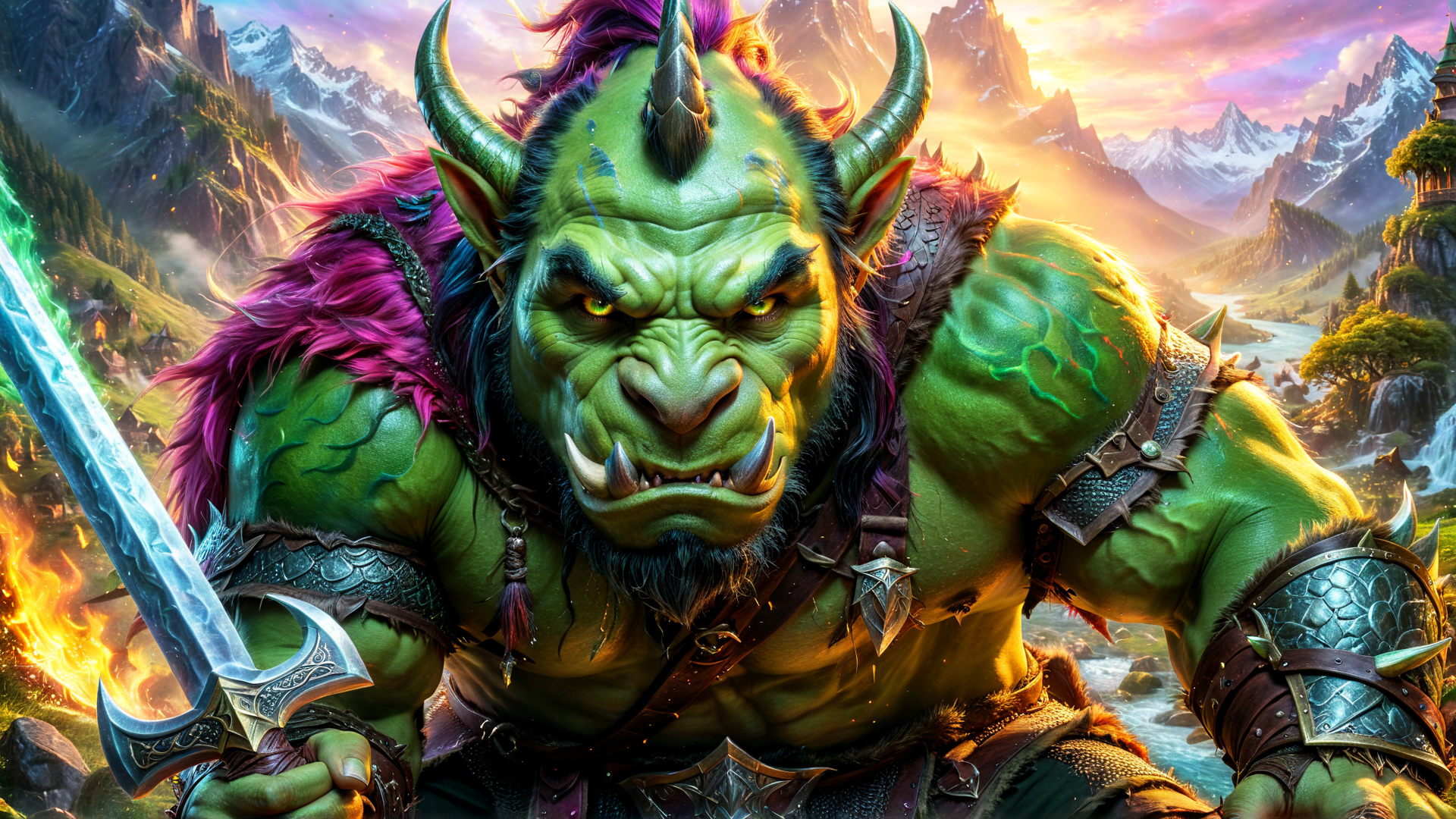 AI generated wallpaper featuring ogre, sword, mountain, castle, river, forest, horn, armor, hair, eye