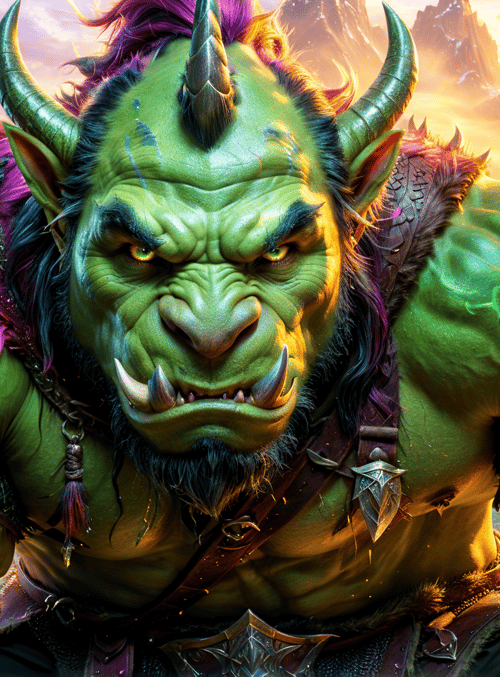 ogre, sword, mountain, castle, river, forest, horn, armor, hair, eye